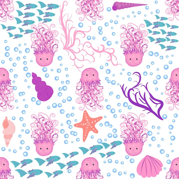 Seamless pattern with detailed transparent jellyfish Childish seamless pattern with cute hand drawn fishes and jellyfishes in doodle style Trendy nursery background