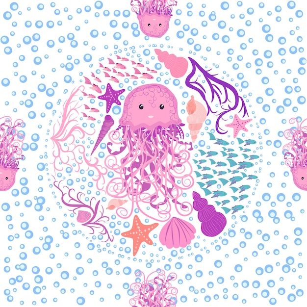 Seamless pattern with detailed transparent jellyfish Childish seamless pattern with cute hand drawn fishes and jellyfishes in doodle style Trendy nursery background