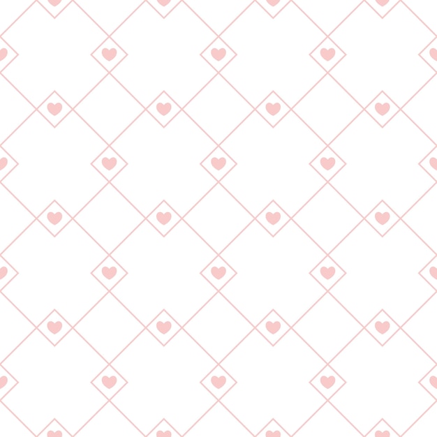 Seamless pattern with diagonal grid made of squares with thin lines and small hearts