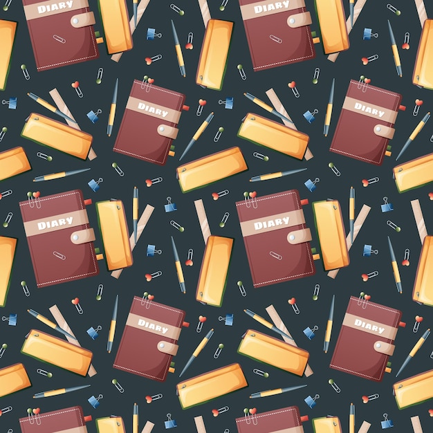 Seamless pattern with diary pencil case paper clips pen pencils on a dark background back to school