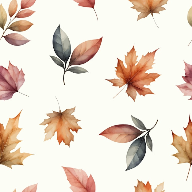 Seamless pattern with different autumn leaves handdrawn watercolor painting