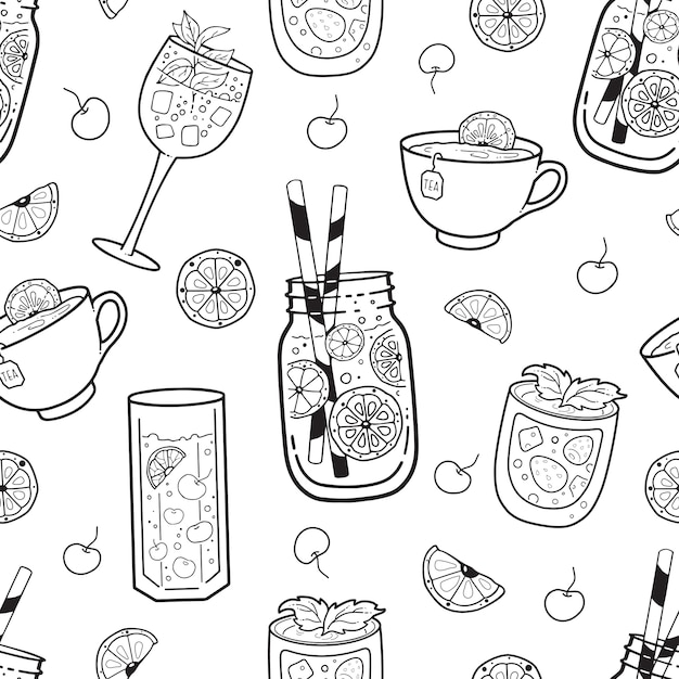 Vector seamless pattern with different beverages: tea, coffee, drinks. outline drawing.