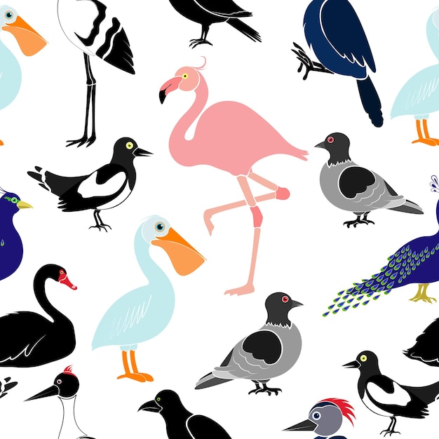 Seamless pattern with different birds on white background. pelican, flamingo, woodpecker, swan, magpie, swallow, crows, cranes, peacock, pigeon.