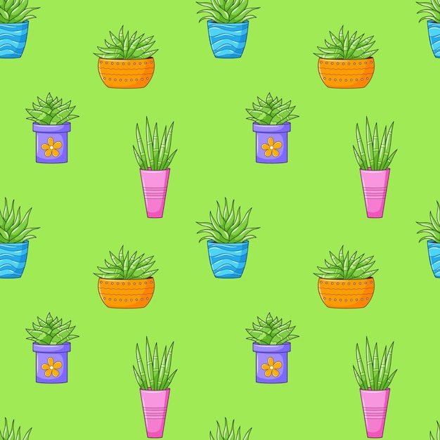 Seamless pattern with different cactus succulent plant in bright flower pot Cartoon Cacti Hand drawing background with houseplants Vector illustration on green background