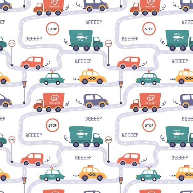 Seamless pattern with different cars in cartoon style. Taxi, police, truck and road signs on the road.