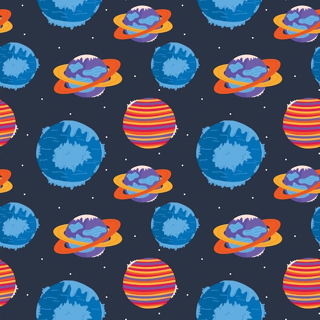Vector seamless pattern with different cartoon planets vector illustration