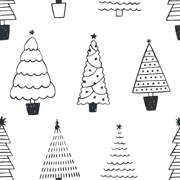 Seamless pattern with different christmas trees or spruces drawn with black contour lines on white background. backdrop with coniferous forest or wood. monochrome vector illustration in doodle style.