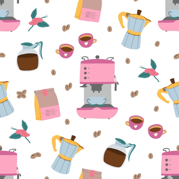 Seamless pattern with different coffee elements collection