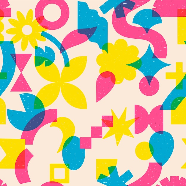 Seamless pattern with different colored shapes in risograph style Vector image