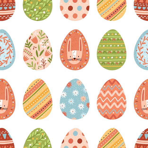 Seamless pattern with different colorful Easter eggs on white background. Repeatable spring festive texture. Endless design for printing. Hand-drawn colored flat vector illustration.