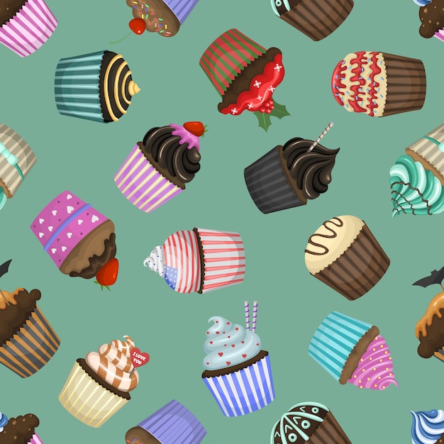 Seamless pattern with different cupcakes 