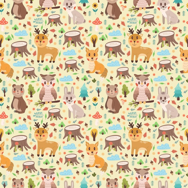 Vector seamless pattern with different cute animals on a light background vector print design