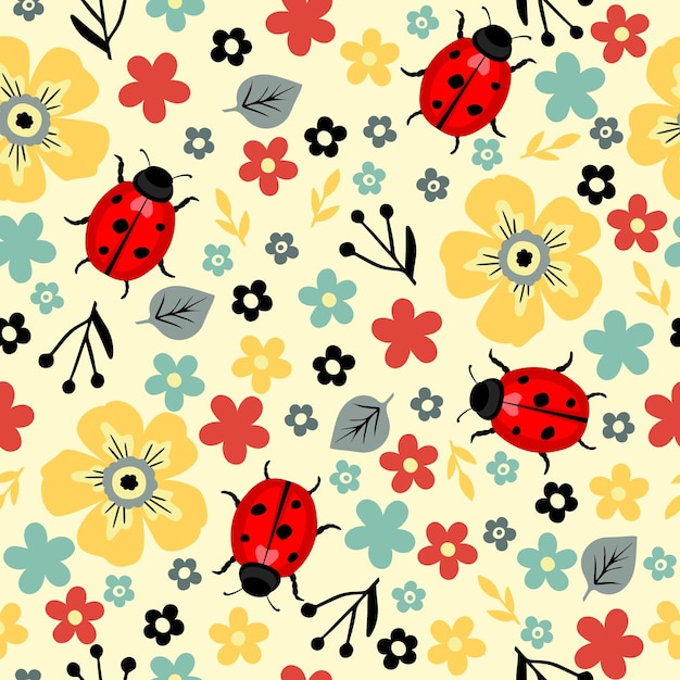 Seamless pattern with different cute flowers and ladybugs