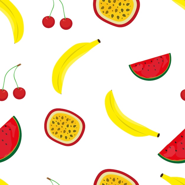 Seamless pattern with different fruits and berries on a white background.