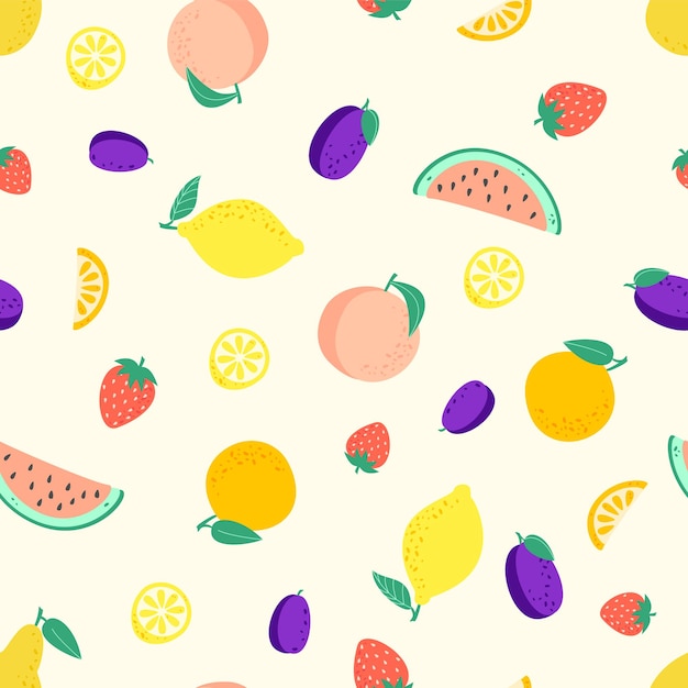 Seamless pattern with different fruits peach lemon watermelon plum strawberry orange pear