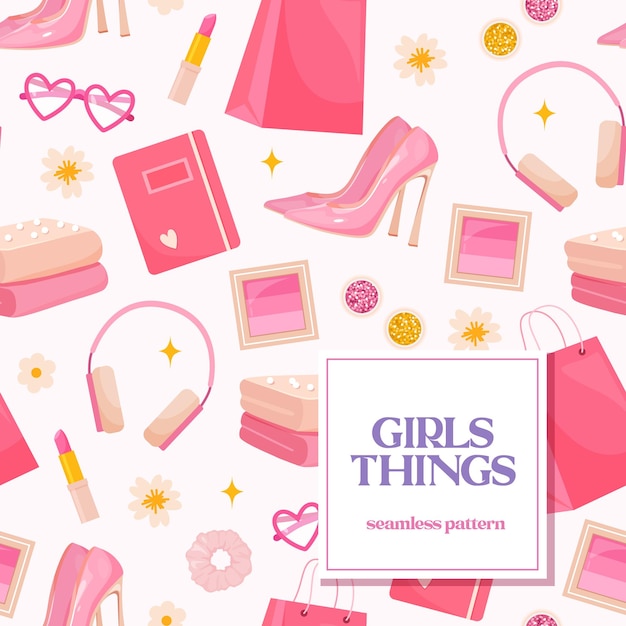 Vector seamless pattern with different girls things