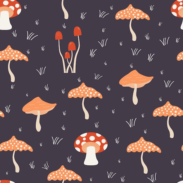 Seamless pattern with different mushrooms background