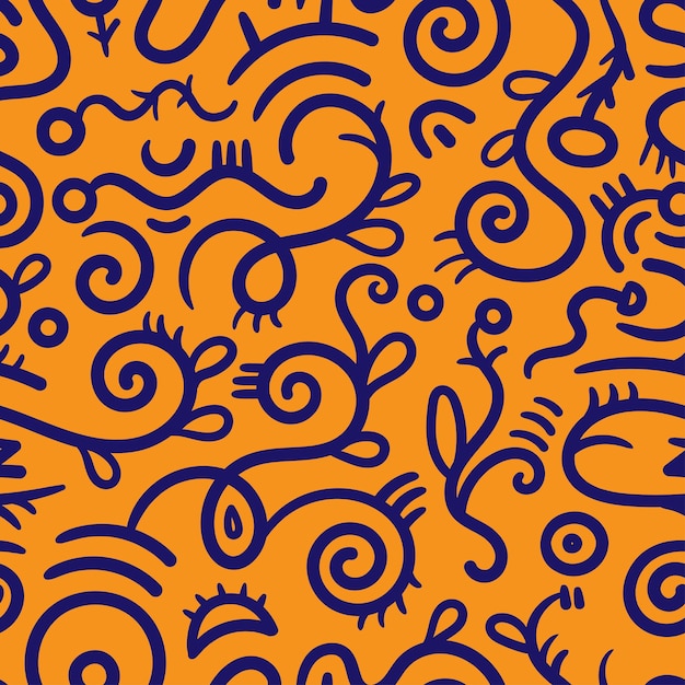 Бесшовный узор с различными растениями на оранжевом фоне Векторная печать с травами Мультфильм каракули лес