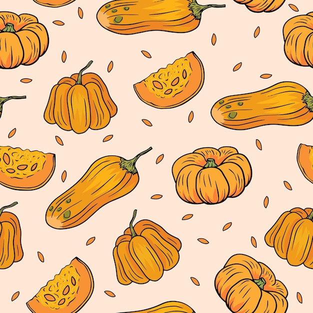 Vector seamless pattern with different pumpkin and seeds on beige background