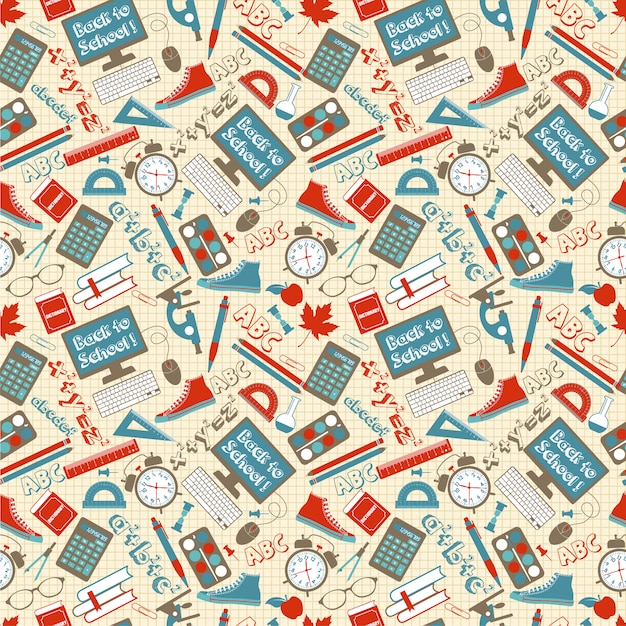 Vector seamless pattern with different school supplies cage.