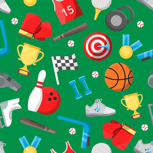 Seamless pattern with different sport equipment.