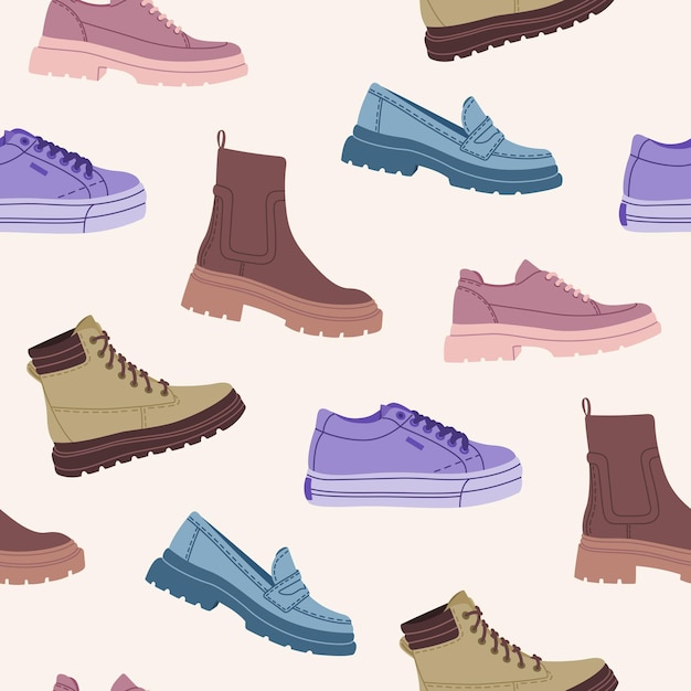 Seamless pattern with different stylish female shoes and boots. Various types trendy casual footwear