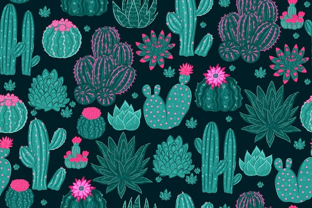 Seamless pattern with different types of cacti Vector graphics