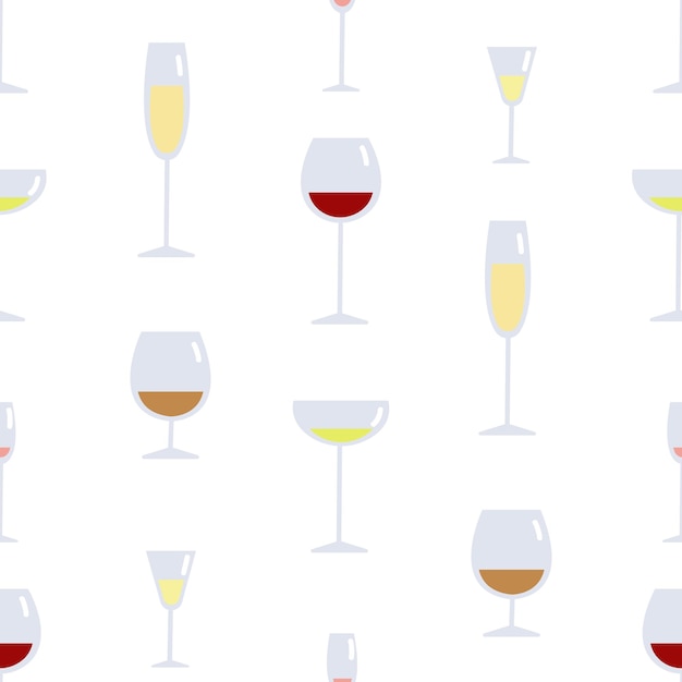 A seamless pattern with different types of glasses Glassware print on white background