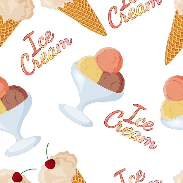 Seamless pattern with different types of ice creamice cream in waffle cups