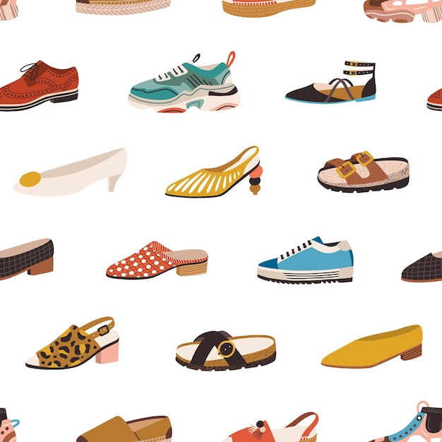 seamless pattern with different types of modern trendy women footwear on white background endless texture with fashionable and stylish shoes for printing colored flat vector illustration