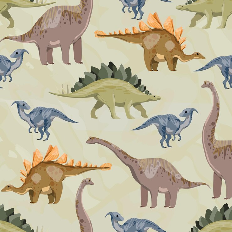 Vector seamless pattern with different types of prehistoric extinct dinosaurs