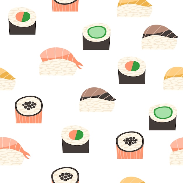 Seamless pattern with different types of sushi.