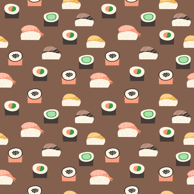 Seamless pattern with different types of sushi.