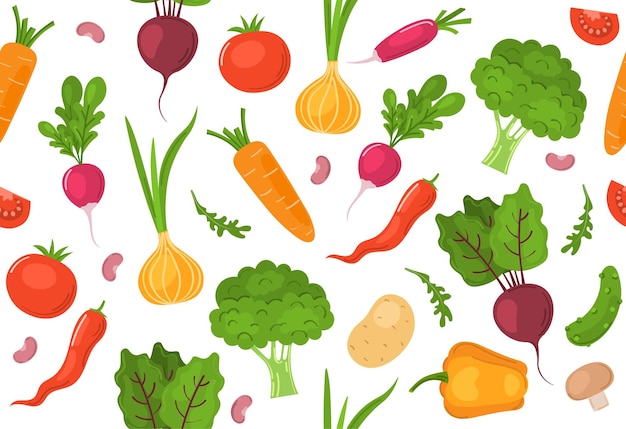 Seamless pattern with different vegetables Colored handdrawn elements fo design