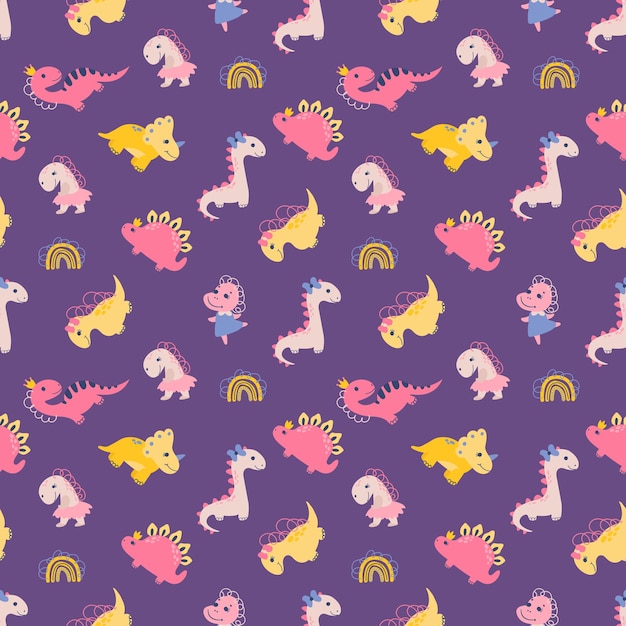 Seamless pattern with dino girls. Design for fabric, textile, wallpaper, packaging.