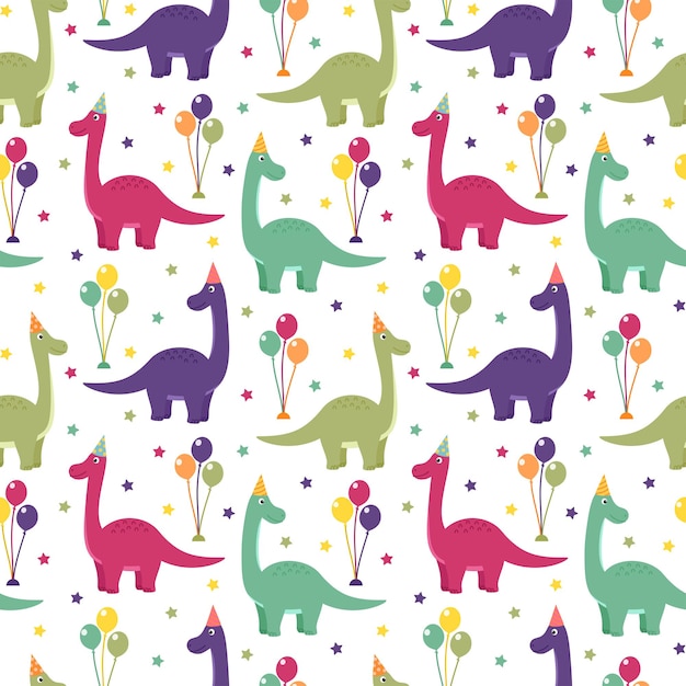 Seamless pattern with dinosaurs, balloons and stars, vector illustration