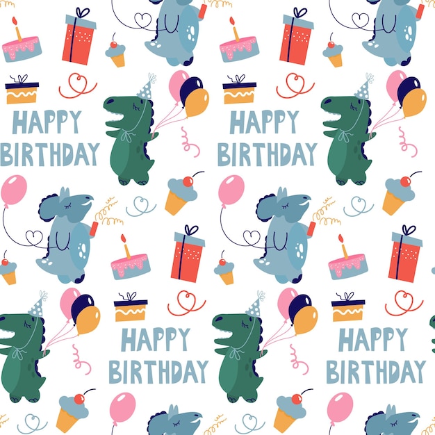 Modello senza cuciture con i dinosauri che festeggiano un compleanno. simpatici personaggi e regali in stile scarabocchio.