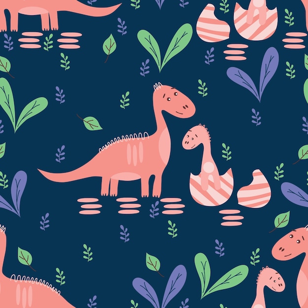 Seamless pattern with dinosaurs and plants elements. For fabric, wallpaper, wrapping paper. Cartoon vector illustration.