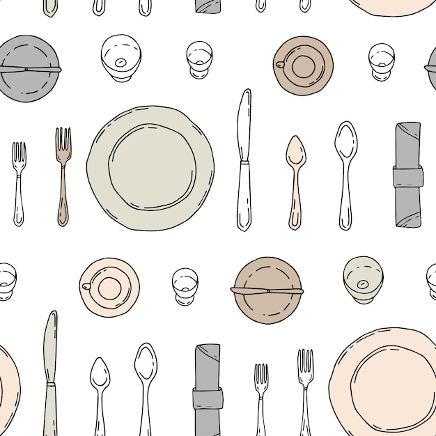 Seamless pattern with dishes plates spoons and forks cutlery in hand drawn style