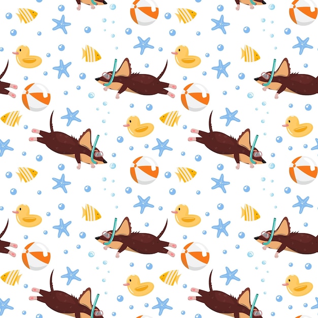 Seamless pattern with a dog diving under the water starfish ball duck and fish