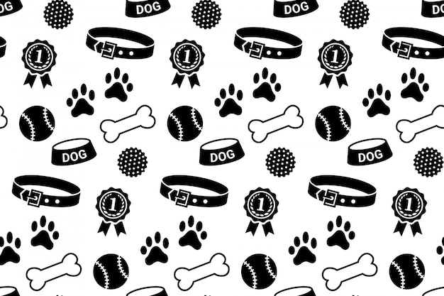 Seamless pattern with dog's stuff. Collar, bowl, balls, bones, paw prints and the reward