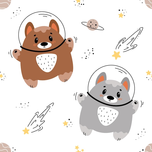 우주에 있는 개, 우주 늑대, 우주를 나는 개, 어린이 삽화와 함께 매끄러운 패턴