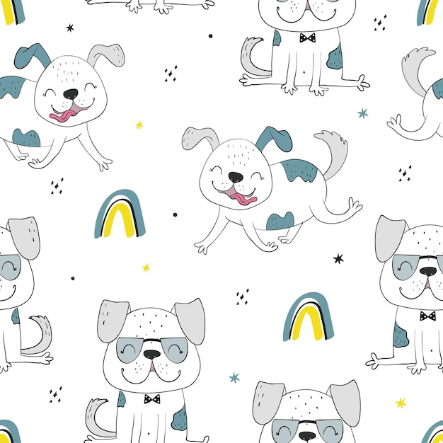 Seamless pattern with dog. vector print with cute funny fashionable dogs. vector illustration.