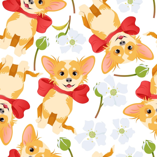 Seamless pattern with a dog with a bow and flowers on a white background