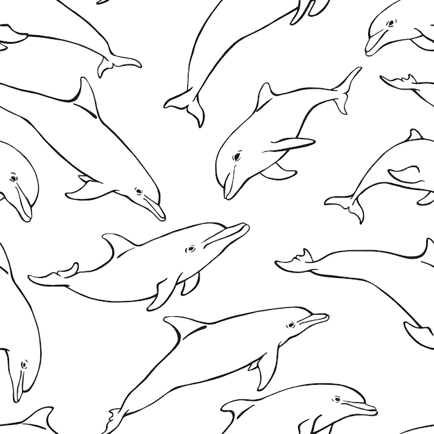 Seamless pattern with dolphin Hand drawn illustration converted to vector Marine background