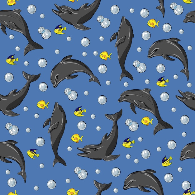 Vector seamless pattern with dolphins, fish and bubbles