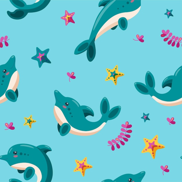 Seamless pattern with dolphins starfish and seaweed pattern for backgrounds wallpapers and textile