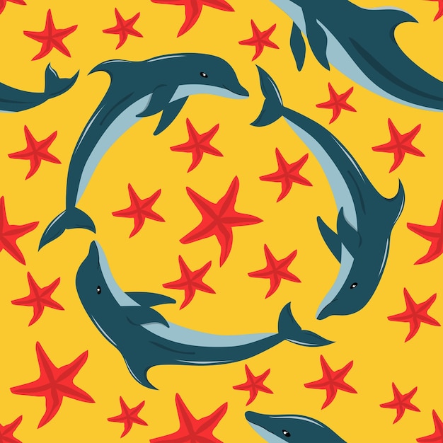 Seamless pattern with dolphns on yellow background