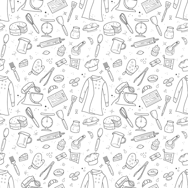 Seamless pattern with doodle baking and cooking elements Chef uniform cake mixer kitchen utensils