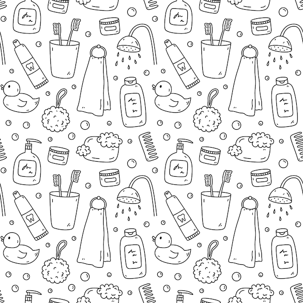 Vector seamless pattern with doodle bath accessories shampoo rubber duck soap cream towel toothbrushes